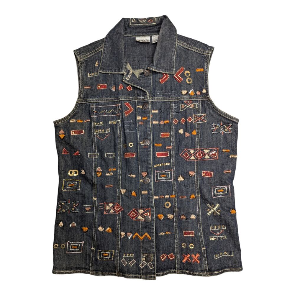 Vtg 1990s Chico's Dark Blue Denim Sleeveless Embroidered Embellished Vest 1  M